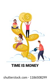 businessman team leader watering dollar plant growth wealth time is money concept people sitting on golden tree cartoon character full length flat vertical vector illustration