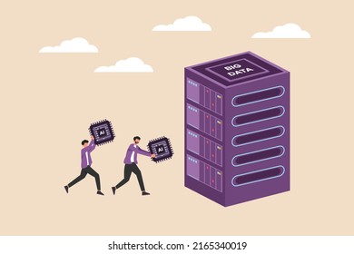 Businessman and team raise and want to put the chip into the server. Working big data concept. Colored flat vector illustration isolated.