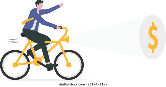 Businessman team riding a bicycle with flashlight and searching dollar sign. Concept currency, Financial, Successful

