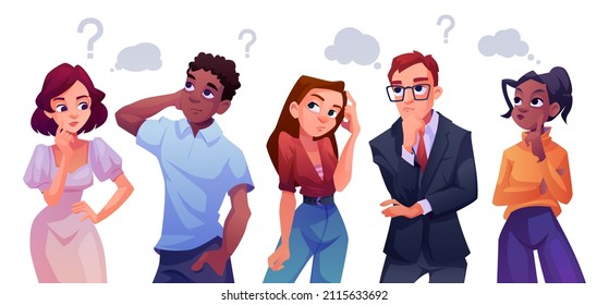 Businessman and team thinking on question and problem solution. Vector isolated students and teacher brainstorming. Confused flat cartoon characters showing pensive curious facial expressions