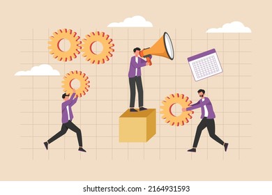 Businessman and team using toa megaphone and gear workflow system to carry out planning schedules. Schedule and planning concept. Flat vector illustrations isolated.