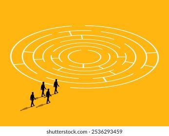 Businessman team walks through maze puzzle