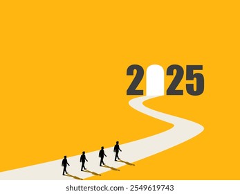 Businessman team winding his way to the gate of new year 2025. vector