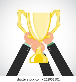 Businessman teams holding a champion gold trophy.vector illustration