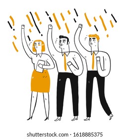 Businessman in teamwork, clenched fist raising in the air with cheering happiness expression. Success, winning, happy, celebration, motivation concept. Vector Illustration hand drawing doodle style.