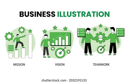 Businessman teamwork corporate office flat design, illustration concept. Marketing, strategy, brainstorming and meeting bundle vector illustration.