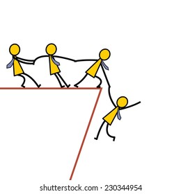 Businessman Teamwork Holding Hands Trying To Pull Up Another Friend Who Falling From Abyss. Business Concept In Helping And Supportive Team. Simple Character Design. 