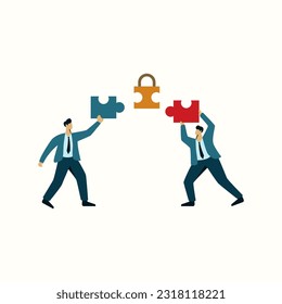 businessman teamwork to success team concept puzzle to unlock the locked