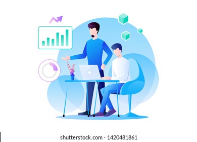 Businessman teamwork is working on analytics of marketing and their product with graph, information and data analysis. flat character design illustration