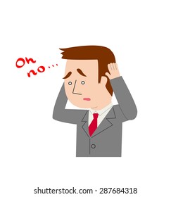 A businessman tearing his hair out over a problem, saying "oh no", vector illustration