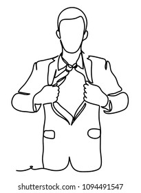 A Businessman tearing the shirt. Business concept illustration. Continuous line drawing. Isolated on the white background. Vector illustration monochrome, drawing by lines