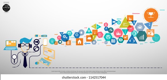 Businessman  and Technology Communication - Computer,Cell phone, Tablet, Laptop - Geometry, Colorful, icon - modern Idea and Concept Vector illustration.