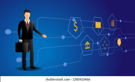 Businessman technology with line icon and workflow future modern hi tech blue background for template, web design concept. illustrator vector design.