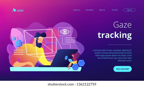 Businessman and technology measuring eye position and movement, tiny people. Eye tracking technology, gaze tracking, eye position sensor concept. Website vibrant violet landing web page template.