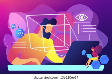 Businessman and technology measuring eye position and movement, tiny people. Eye tracking technology, gaze tracking, eye position sensor concept. Bright vibrant violet vector isolated illustration