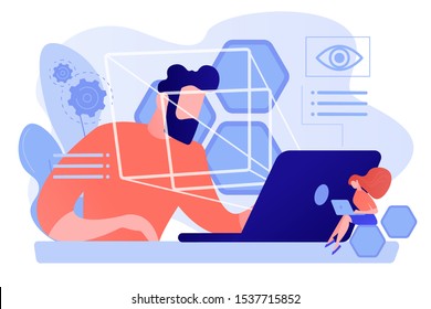 Businessman and technology measuring eye position and movement, tiny people. Eye tracking technology, gaze tracking, eye position sensor concept. Pinkish coral bluevector isolated illustration