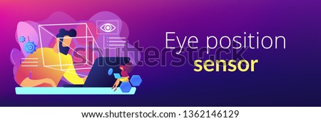 Businessman and technology measuring eye position and movement, tiny people. Eye tracking technology, gaze tracking, eye position sensor concept. Header or footer banner template with copy space.