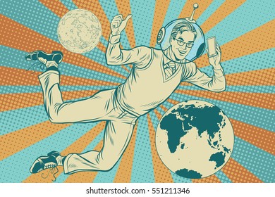 Businessman with telephone in space, pop art retro vector illustration. Earth and other planets