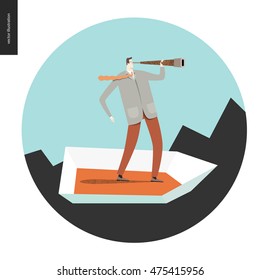 Businessman with a telescope in a boat. Flat vector concept cartoon illustration of a man wearing suit, looking through the telescope, standing in a small boat, surrounded by sharp waves, in a circle.