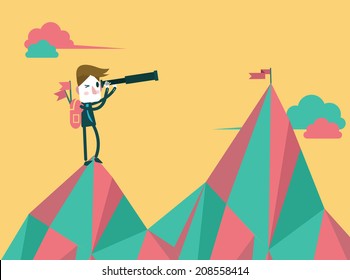 businessman with telescope finding next target. flat design. vector illustration