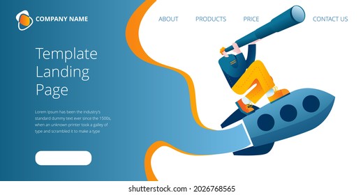A businessman with a telescope is flying on a rocket. Vector illustration on the topic of finding success. Template for the first screen of the landing page.