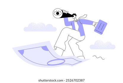 Businessman with telescope in hand flying on money carpet plane. Flat vector illustration.