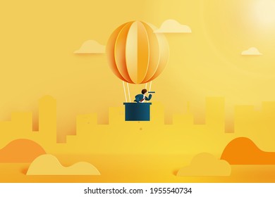 Businessman with telescope in hot air balloon searching for opportunities.Successful and business concept.Paper art vector illustration.