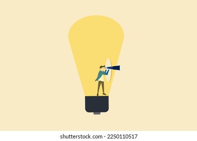 businessman with telescope in lightbulb. concept of Search for business target or goal, opportunity, mission to achieve, discover purpose or find strategy to reach goal.