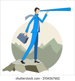 Businessman with telescope looking forward - vision, future strategy, mission concept