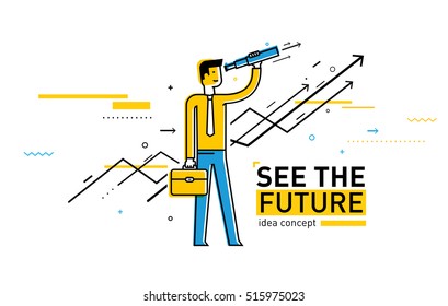 Businessman with telescope looking to the future.
