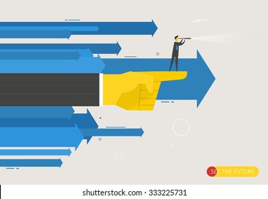 Businessman With Telescope Looking To The Future. Finger Pointing Direction. Vector Illustration Eps10 File. Success, Growth Rates