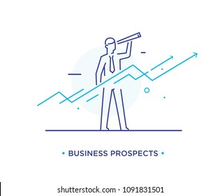 Businessman With Telescope Looking To The Future. Growth Charts. Success, Growth Rates. Line Icon Illustration