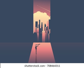 Businessman with telescope looking at skyline of modern corporate world. Business success, opportunity, challenge and visionary vector concept. eps10 vector illustration.