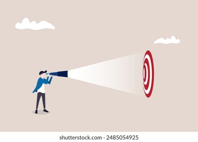 Businessman with telescope looking up target or goal. concept of Search for business target or goal, opportunity, mission to achieve, discover purpose or find strategy to reach goal