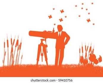 businessman with telescope on field