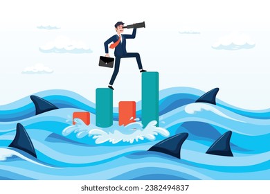 Businessman with telescope on risky graph, risk management for investment or stock trading, crypto currency or economic, market volatility or uncertainty challenge, investment strategy (Vector)