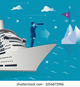 Businessman with telescope on ship. Goal search. Business concept vector illustration 