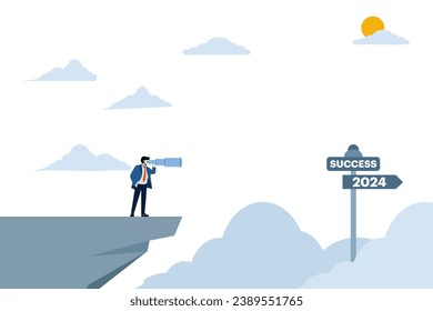 Businessman with telescope standing and looking into the distance at abstract direction signs 2023, 2024, Business Strategy Development in the New Year 2024, Planning and Setting Business Goals.