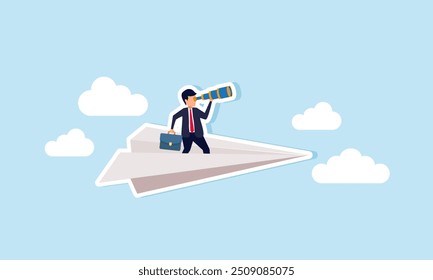 A businessman with a telescope standing on a paper plane flying through the sky, Illustration concept of Monitoring business direction and progress, keeping an eye on competitors moves and market