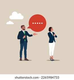 Businessman tell friend about good product and service, tell story. Marketing strategy, word of mouth. Modern vector illustration in flat style 