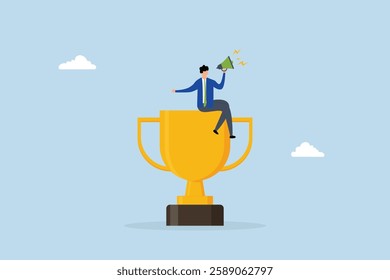 businessman telling success story with megaphone on winner trophy.