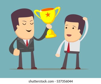 Businessman tells how to get a prize. Man dreaming about success. Vector flat illustration