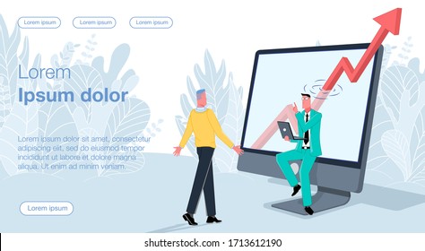 Businessman tells a man about a startup demonstrating a growing arrow of a graph coming out of a monitor screen. Business vector concept illustration.