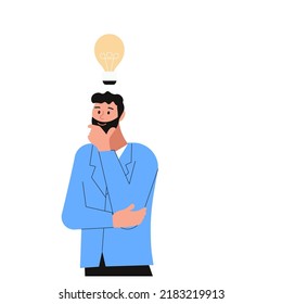 Businessman tensely thinks over the solution of the issue. Concept of problem solving, business idea, creative tasks. Flat Art Vector illustration