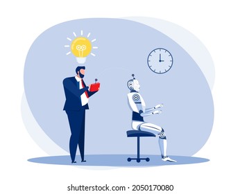 Empresario prueba un robot tecnología de inteligencia artificial con control remoto.ilustrador vectorial 