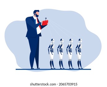 Businessman test a robot Artificial intelligence technology with remote control.vector illustrator 