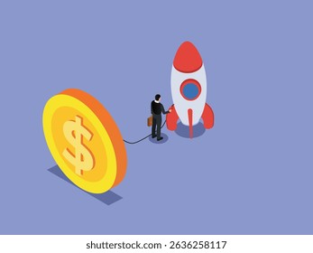 businessman is tethered to a giant dollar coin while launching a rocket, symbolizing investment, financial growth, and monetary aspirations isometric 3d vector illustration