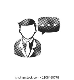 Businessman with text bubble icon in halftone style. Black and white monochrome vector illustration.