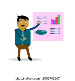 businessman theme cartoon vector illustration doing a presentation. suitable for illustrations about the world of business and finance.