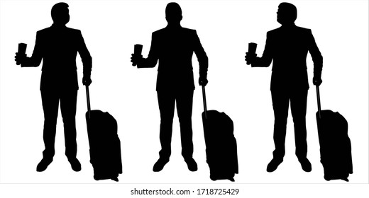 Businessman with a thermomug and luggage on wheels is standing. Three male silhouettes in black isolated on a white background. Man stands still, looking in three different directions. Coffee to go.